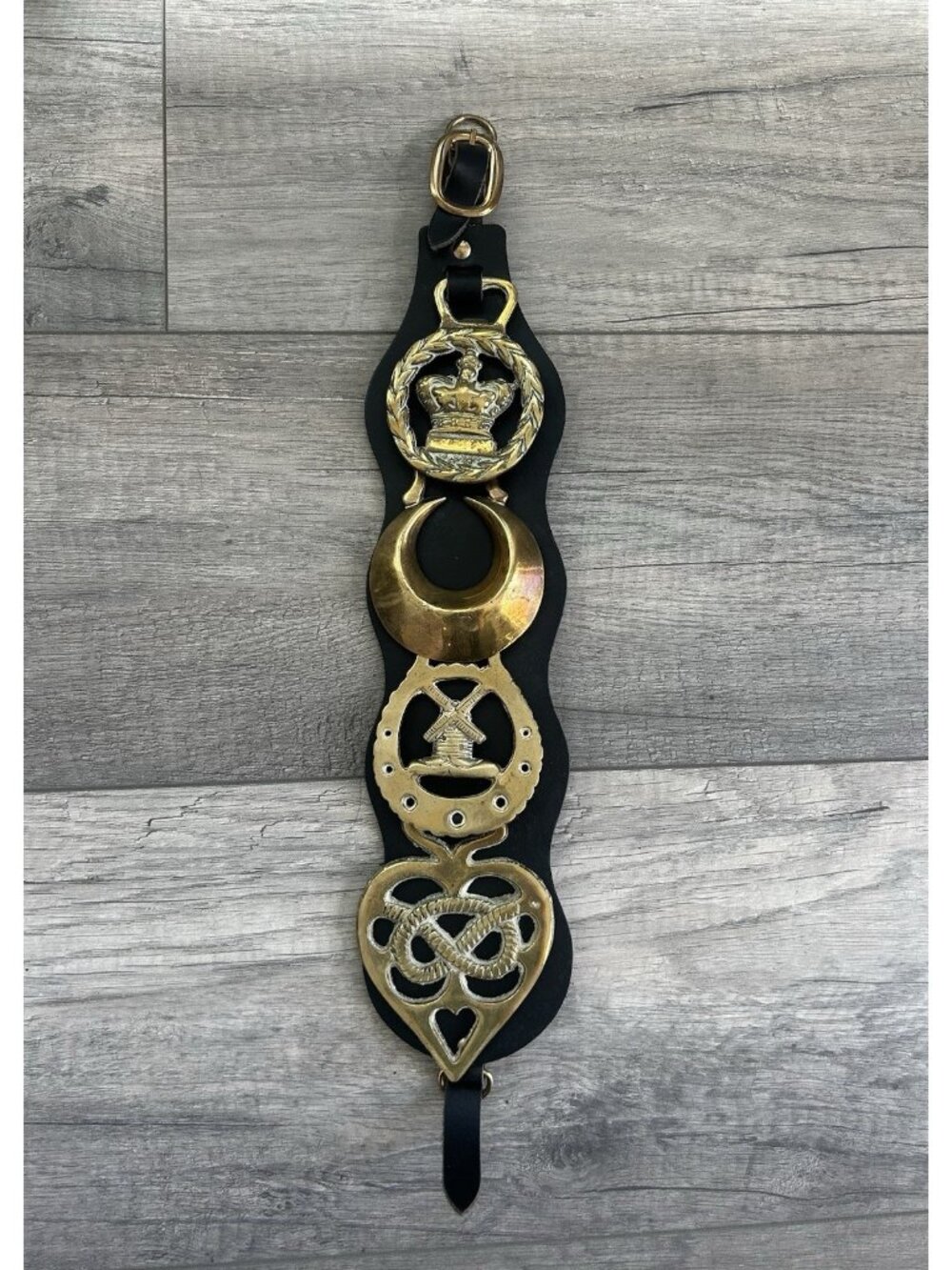British Horse Brass Martingale 4 Sand Cast Medallions Celestial England Vintage